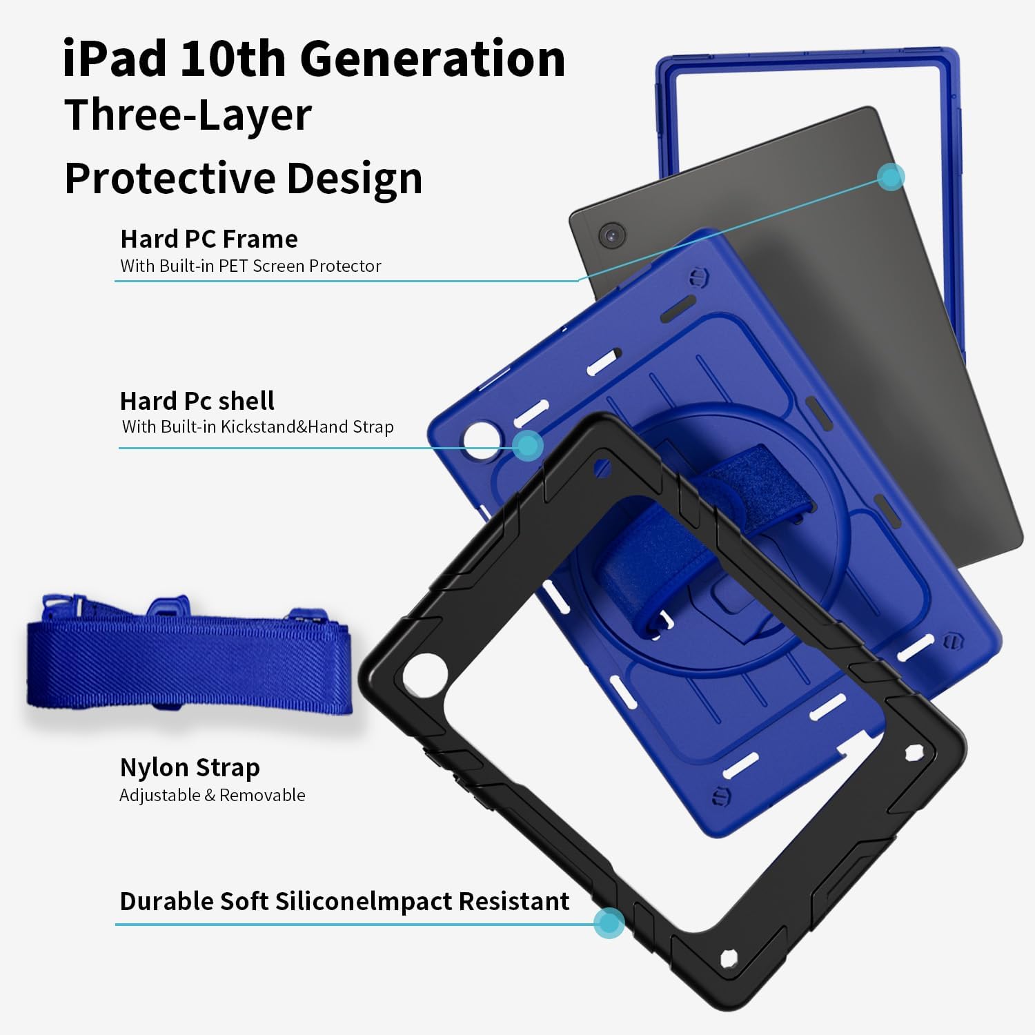 for Samsung Galaxy Tablet A8 Case 10.5 inch 2022 SM-X200/X205/X207 with Screen Protector [360 Rotating Stand] &Hand Shoulder Strap Shockproof Rugged Protective Cover|Black&Blue