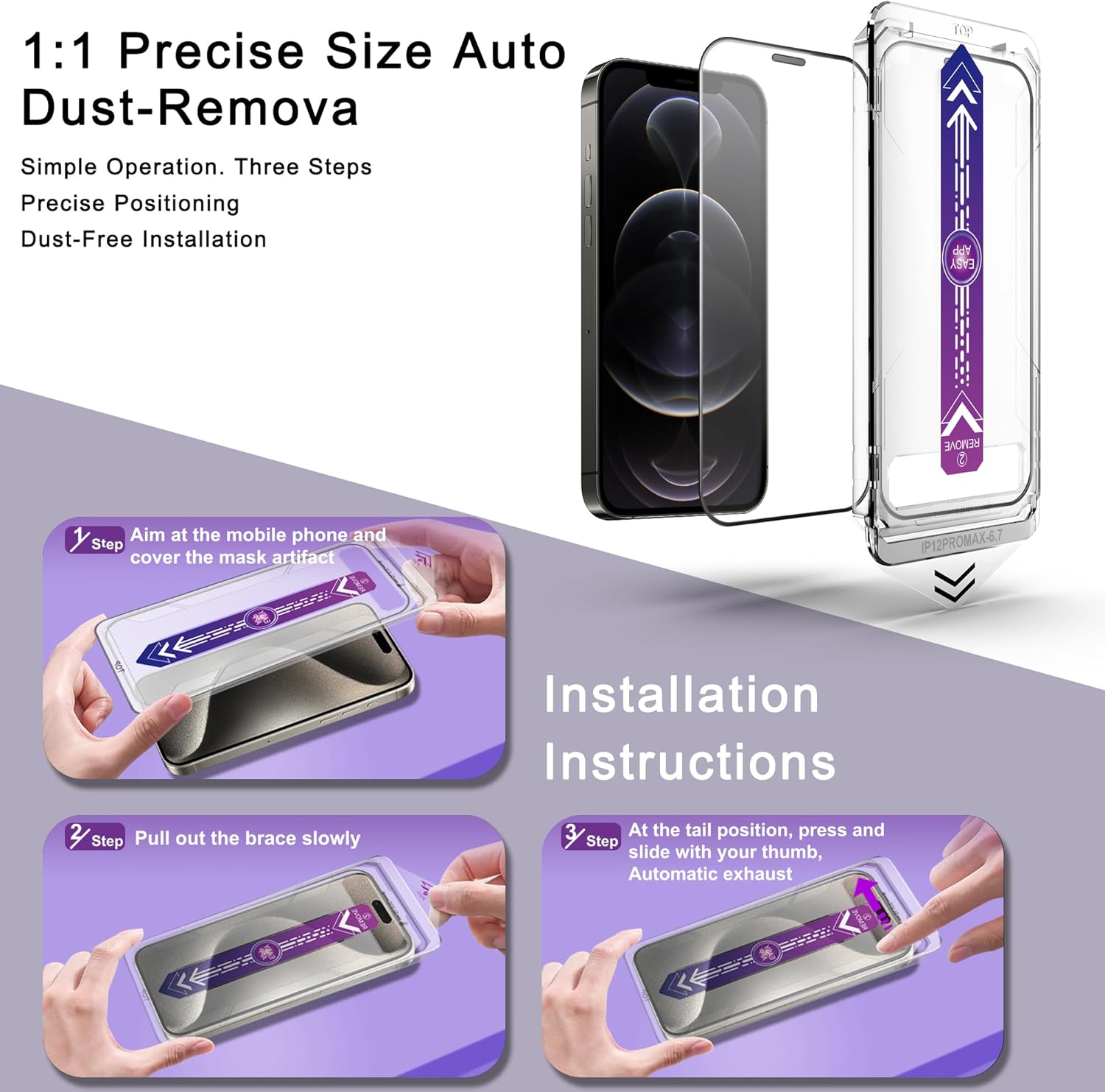 2 Pack Screen Protector for iPhone 12 Pro Max, 9H Tempered Glass, Full Coverage, Anti-Fingerprint, Auto Dust-Elimination, No Bubble, Easy Installation
