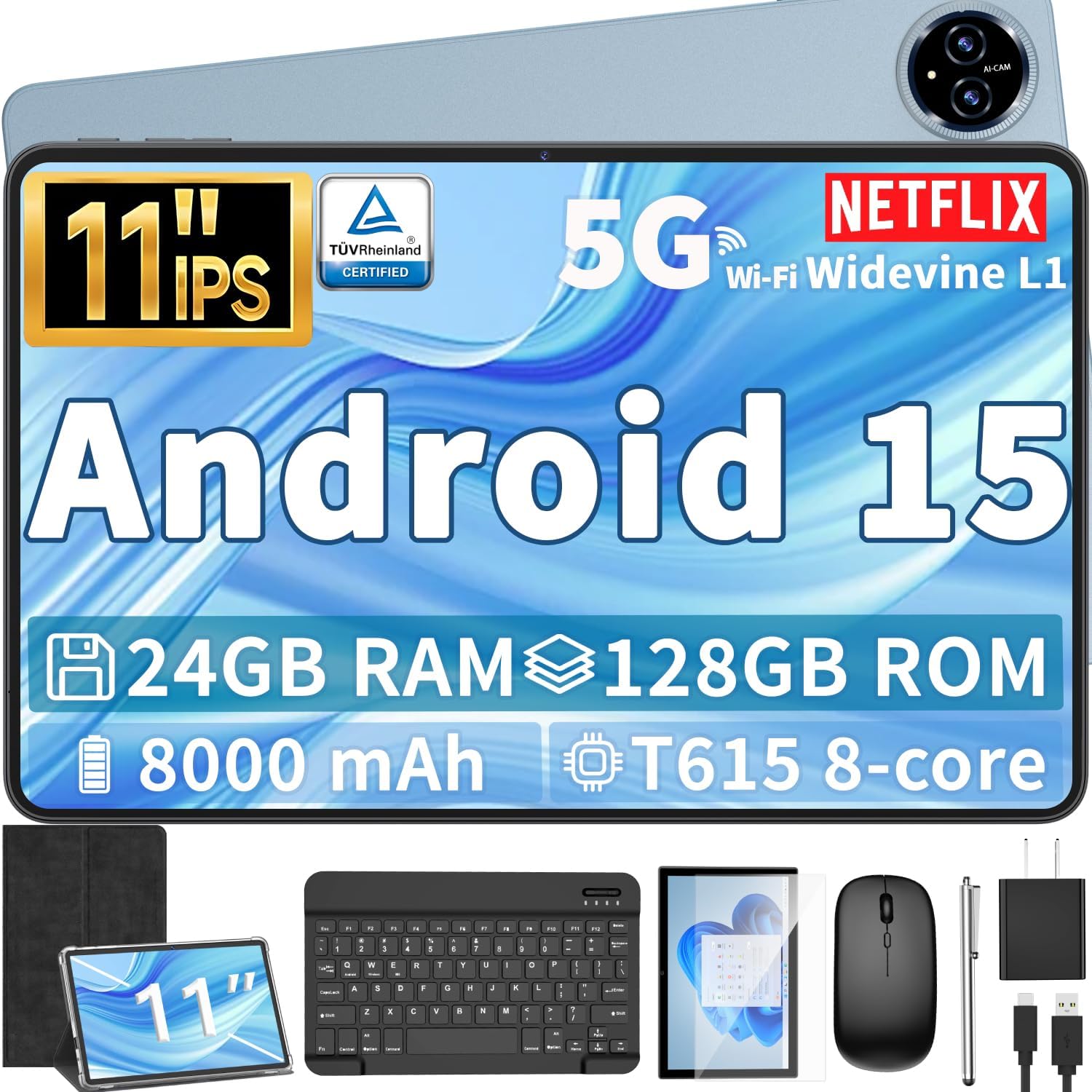 Android 15 Tablet, 11 inch Tablet with Keyboard, 24GB+128GB, 1TB Expand, Octa-Core, 2.4G/5G WiFi, 8000mAh, BT V5.0, GMS Certified, IPS Touch Screen, GPS, 2 in 1 with Case, Mouse, Stylus(Black)