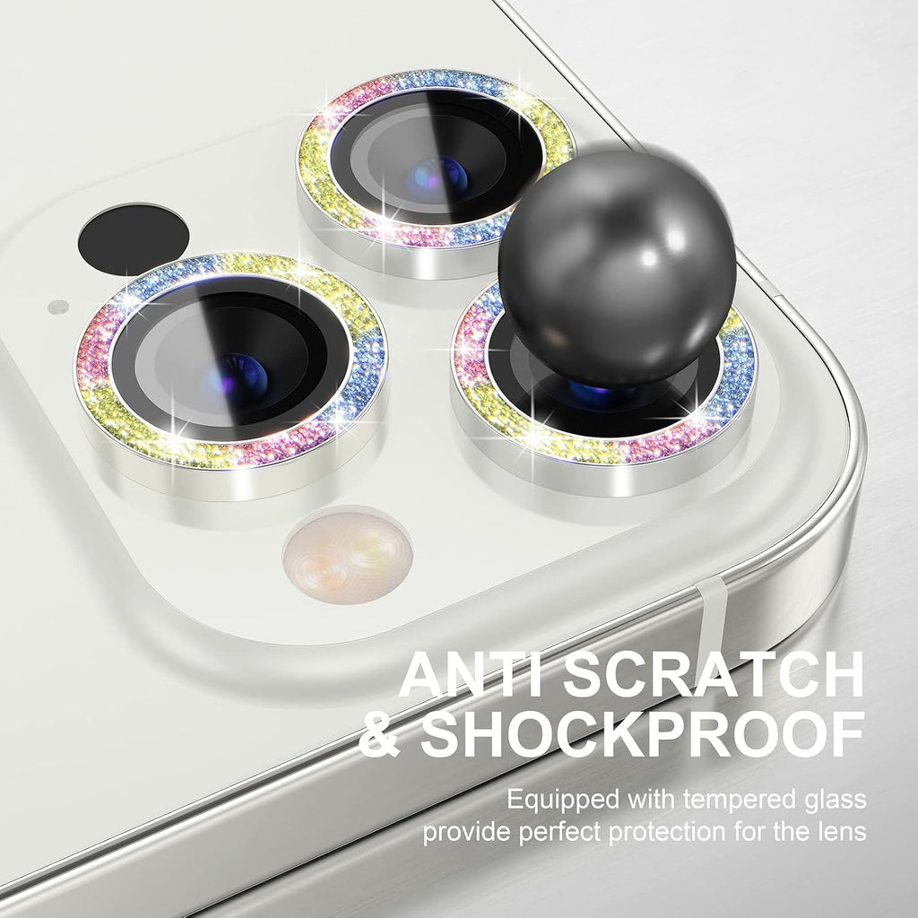 Choiche [3+1 for iPhone 13 Pro/iPhone 13 Pro Max Camera Lens Protector Bling, 9H Tempered Glass Camera Cover Screen Protector Metal Ring Decoration Accessories (Glitter-Colorful)