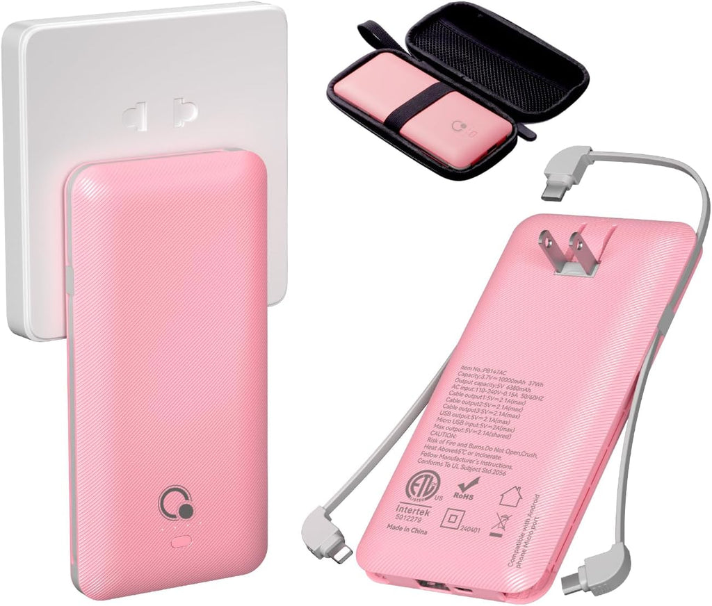 Q 10000mAh Power Bank, Slim Portable Charger,4 Output External Battery Pack with Built-in AC Wall Plug Micro USB C 3 Cables Compatible with iPhone Samsung Android Phone Tablet and More