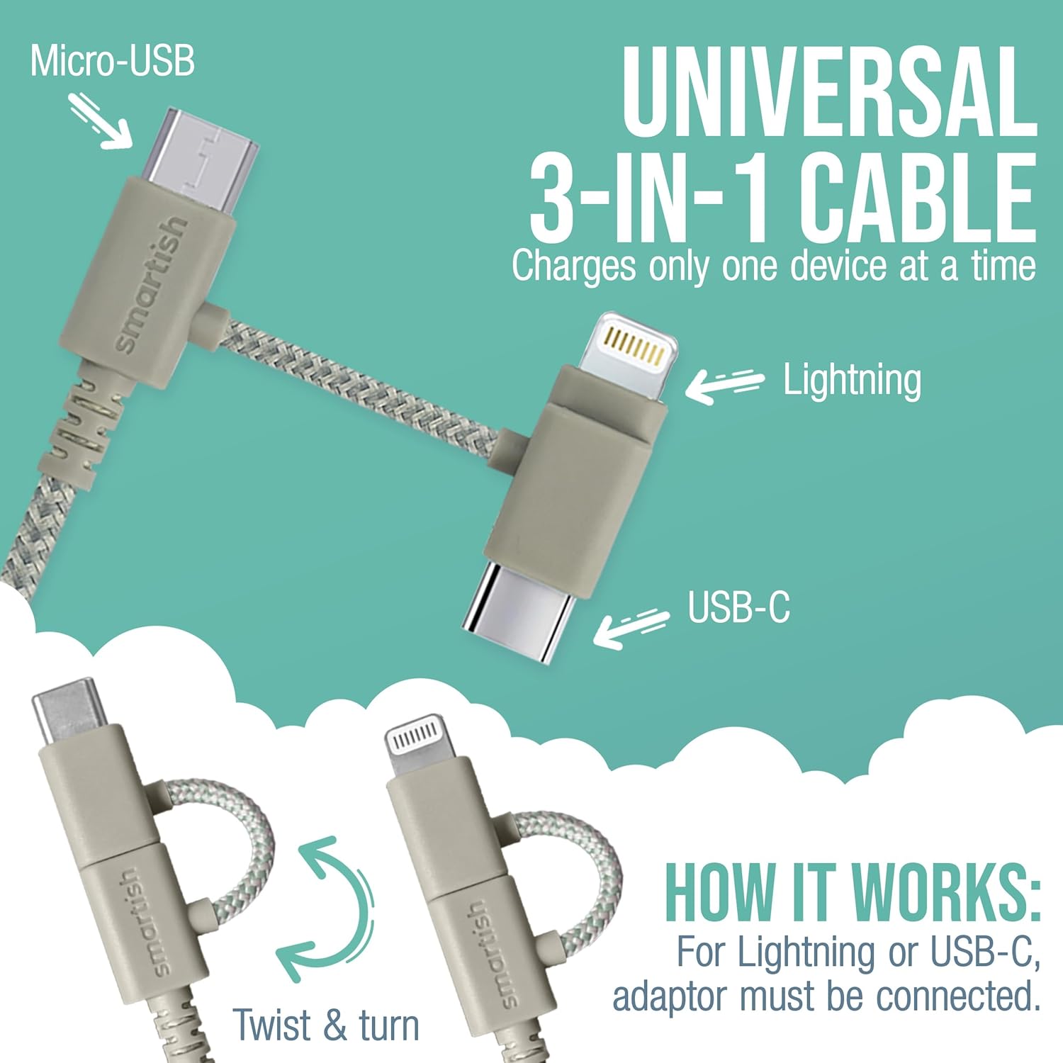 Smartish USB-C/Lightning Cable for iPhone 16/15/14 - Crown Joule - 6 Foot Universal Fast Fabric Wrapped Charging Cable w/Micro-USB - Apple MFi Certified for iPhone 13/12/SE/iPad/AirPods/Android - Tan