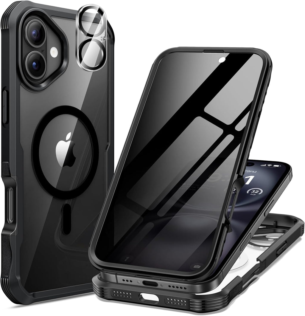 seacosmo for iPhone 16 Plus Case, Full Body Bumper with Built-in 9H Tempered Glass Privacy Screen Protector and Camera Lens Protector, Compatible with MagSafe, Shockproof Phone Cover, 6.7", Black