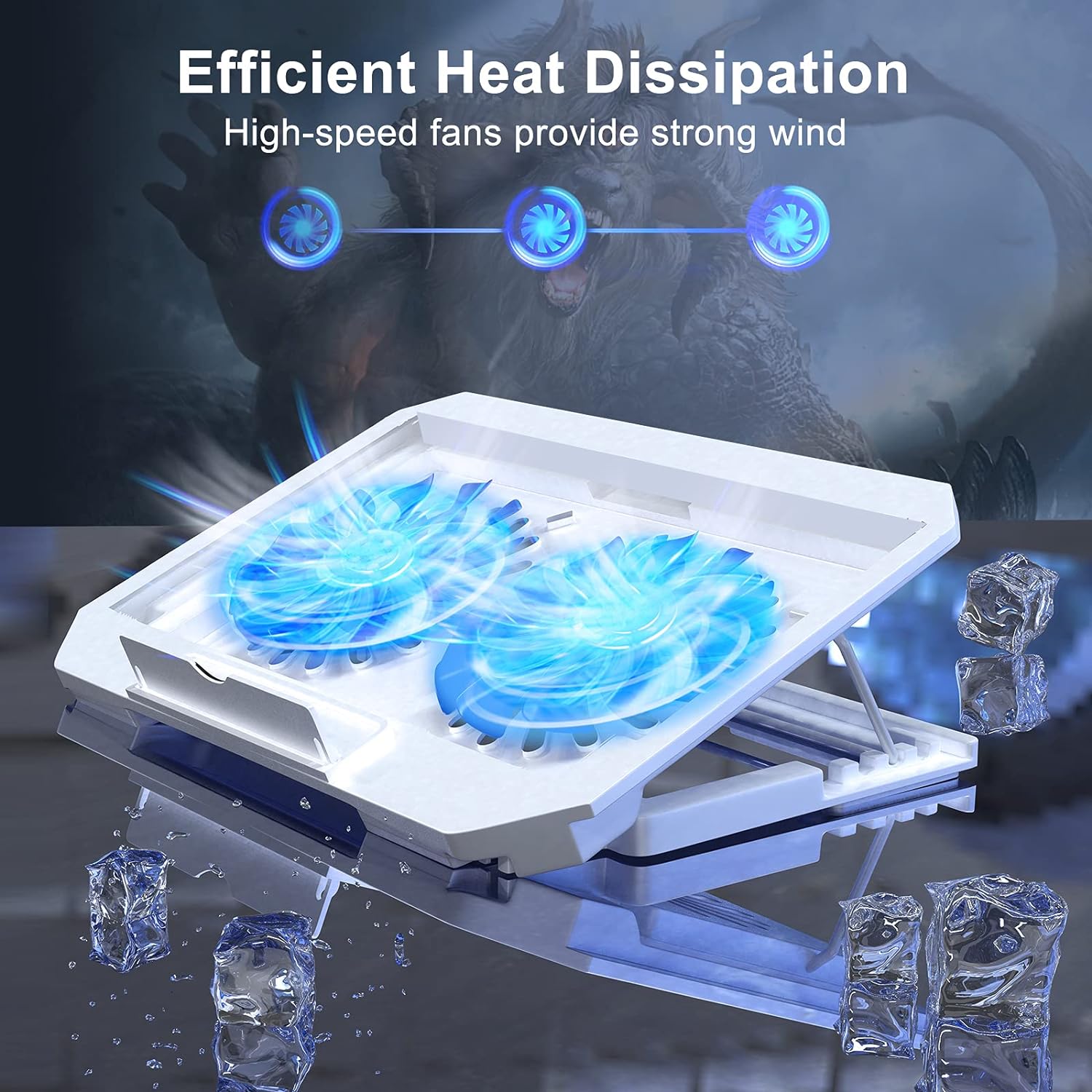 LIENS Laptop Cooling Pad with Adjustable Height Two 5.1 Inches Fan 2 USB Ports Suitable for 12"-15.6" Laptops（White）