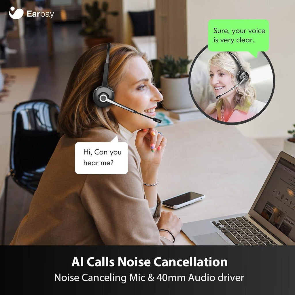 Earbay Trucker Bluetooth Headset, Wireless Headphones with Mic Mute & USB Dongle, Wireless Headset with Microphone Noise Canceling & Charing Base for Work/PC Computer/Phones/Office/Meeting