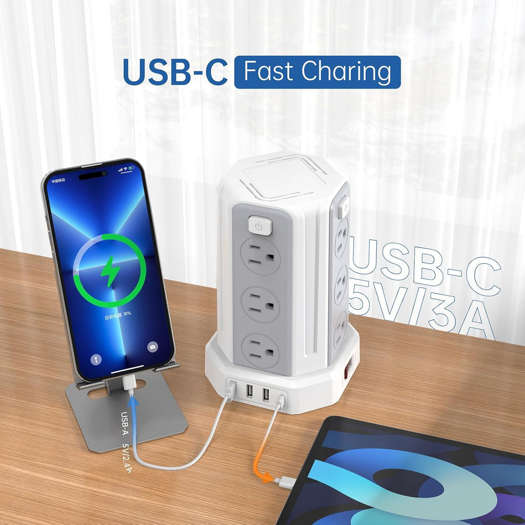 Power Strip Surge Protector, 10 Ft Extension Cord with 12 AC Multiple Outlets 4 USB (1 USB C), SMALLRT Power Tower Desktop Charging Station (White, 16.4 FT)