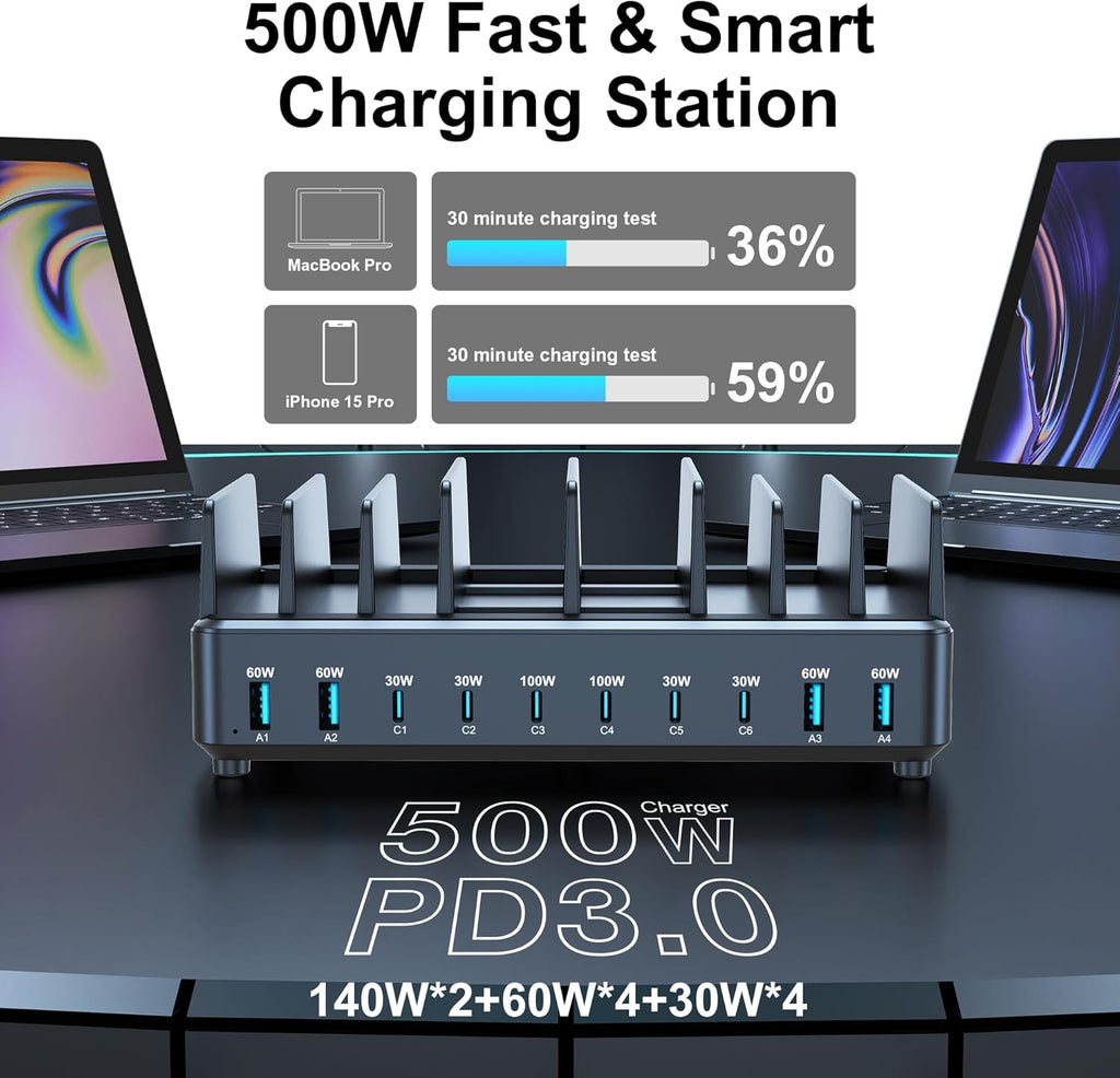 chipofy 500W Charging Station for Multiple Devices, 10-Port Multi USB C Fast Charger Station with Organizer Stand for MacBook Laptop, iPad, iPhone 16 15 Pro Max, Galaxy S25/S24 and More