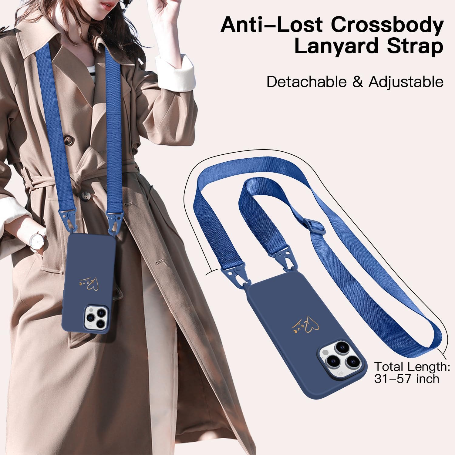 Crossbody Case for iPhone 16 Pro Max with Strap, [Compatible with MagSafe], Cute Love Heart Silicone Phone Case with Neck Lanyard for Girls Women