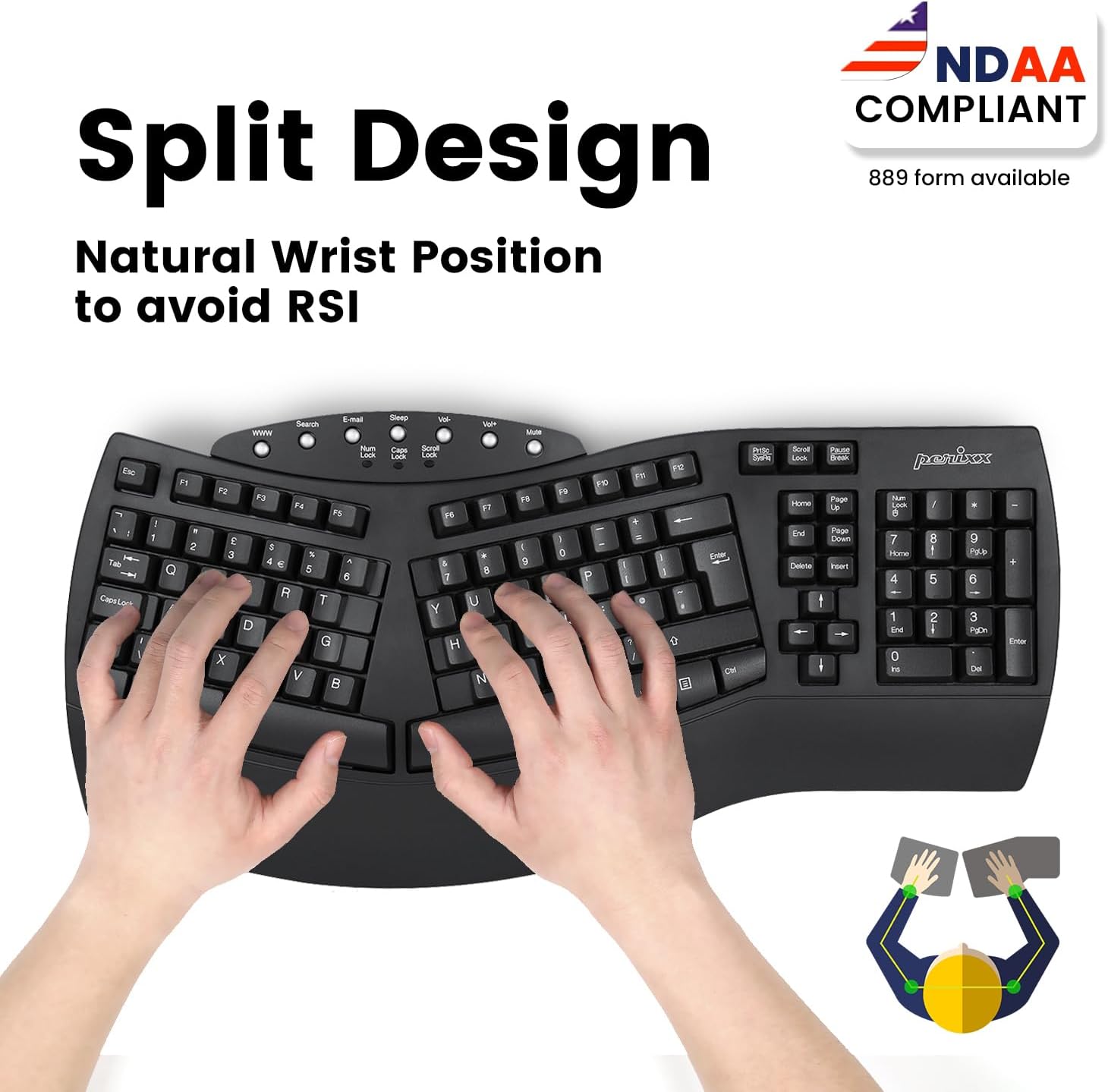Perixx Periboard-612B Wireless Ergonomic Split Keyboard with Dual Mode 2.4G and Bluetooth Feature, Compatible with Windows 10 and Mac OS X System, Black, US English Layout