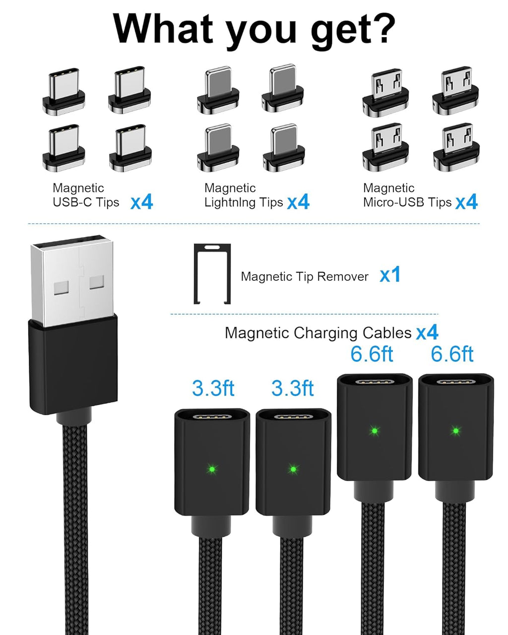 ZBF Magnetic Charging Cable 3A Fast Charging (4-Pack, 3.3/3.3/6.6/6.6 ft) 3 in 1 Magnetic Phone Charger, 480Mbps Data Transfer, USB A to Type C Charger Cable for USB-C/IproductMicro USB Device(Black)