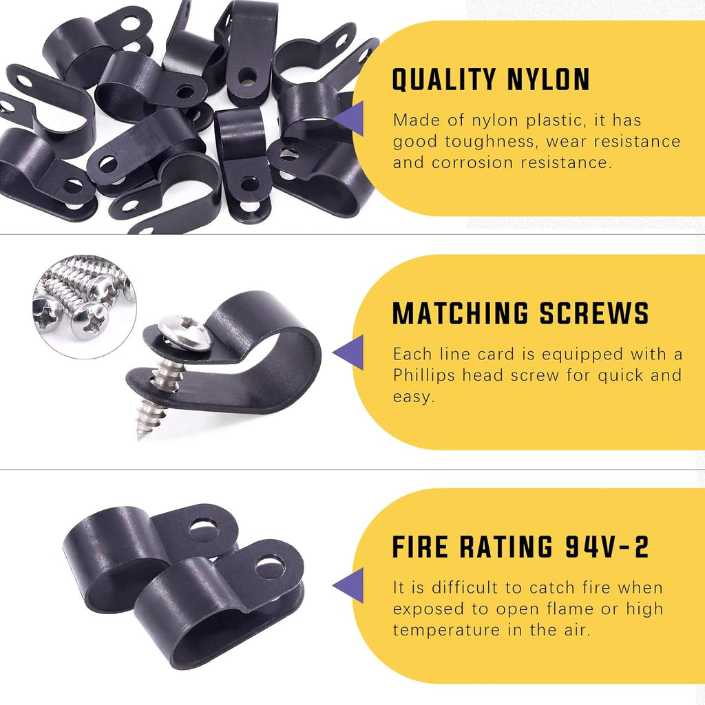 Swpeet 120 Pack Black 1/2 Inch Nylon Plastic R-Type Cable Clips Clamp Kit, Nylon Screw Mounting Cord Fastener Clips with 120 Pack Screws for Wire Management (1/2 Inch, Black)