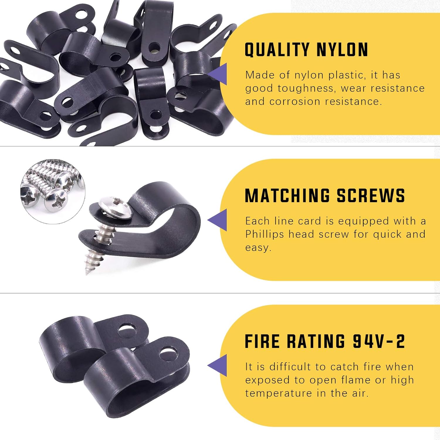 Swpeet 120 Pack Black 1/2 Inch Nylon Plastic R-Type Cable Clips Clamp Kit, Nylon Screw Mounting Cord Fastener Clips with 120 Pack Screws for Wire Management (1/2 Inch, Black)