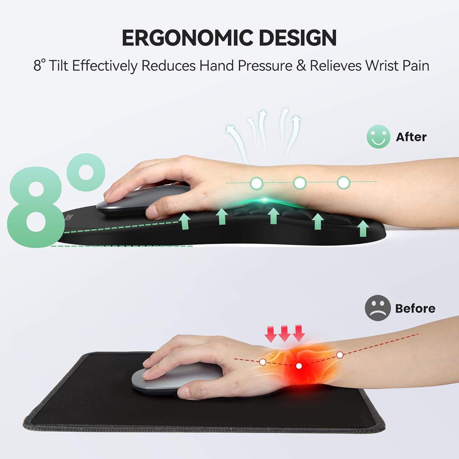 TECKNET Ergonomic Mouse Pad with Wrist Rest, Soft Mousepad with Massage Design, Memory Foam and Non-Slip PU Base for Pain Relief, Gaming Mouse Pad for Desk, Home, Office, 12x8 Inches, Black