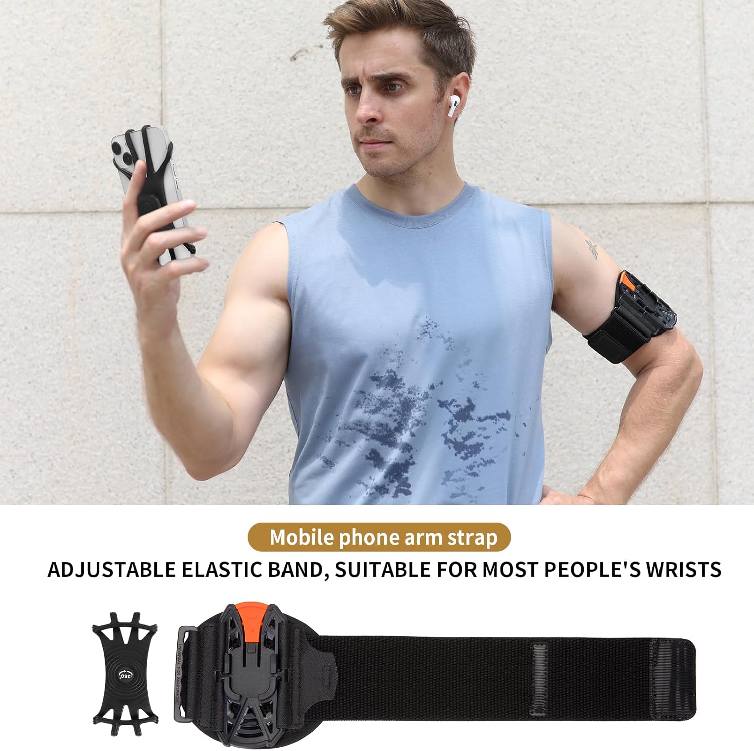 Wristband Phone Holder for Running, 360°Rotation & Detachable Sports Armband with Key Holder for iPhone 15/14/13/12/Pro/Pro Max/XS/XR/X/8/7/6/Plus, Samsung Galaxy, Fits 4''-6.95''Phone (L)