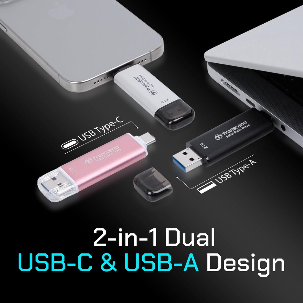 Transcend 2TB External SSD, Up to 1,050MB/s, Dual USB Hard Drive for Tesla, iPhone15,16&iPad&Mac, Steam Deck/ROG Ally/MSI Claw/Windows/Android/PS5/Smart TV, 2-in-1 Type C &A, USB 3.2 Gen2 Portable SSD
