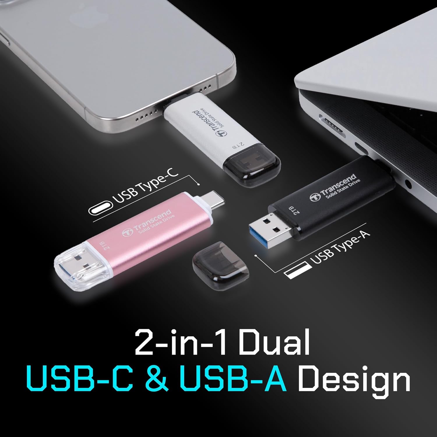 Transcend 2TB External SSD, Up to 1,050MB/s, Dual USB Hard Drive for Tesla, iPhone15,16&iPad&Mac, Steam Deck/ROG Ally/MSI Claw/Windows/Android/PS5/Smart TV, 2-in-1 Type C &A, USB 3.2 Gen2 Portable SSD