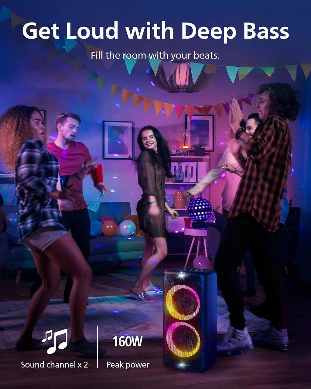 Philips X5206 bluetooth party speaker, portable with wheels, exciting light show, karaoke machine with microphone and Guitar Input, powerful bass & subwoofer, long playtime, perfect for outdoor events