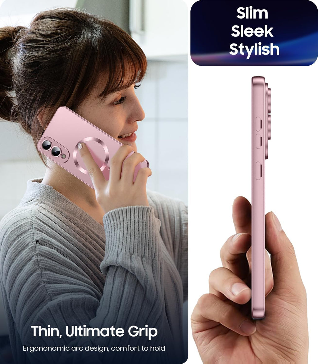 Magnetic for Samsung Galaxy S25 Edge Case [Compatible with MagSafe][Built-in Camera Lens Protector] Slim Soft Silicone Bumper Shockproof Metallic Luster Phone Case (Rose Gold)