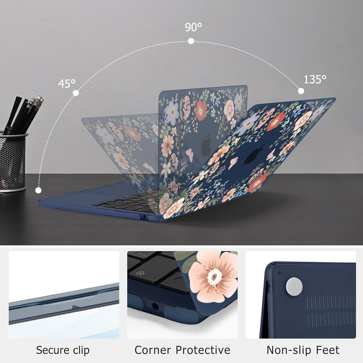 MOSISO Compatible with MacBook Air 13 inch Case 2025 2024 2023 2022 M4 A3240 M3 A3113 M2 A2681, Lush Floral Hard Shell&Keyboard Cover&Screen Protector for MacBook Air 13.6 inch Case, Blue