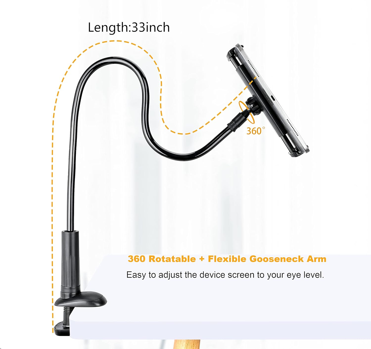 Gooseneck Tablet Phone Holder | Kindle Stand Holder for Bed | 33in Flexible Long Arm Clamp Clip Mount for iPhone, iPad, Switch, Galaxy Tabs, Kindle Fire, 4.7''-11'' Tablet Devices