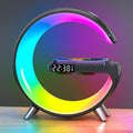 Smart Table Lamp with 4-in-1 Wireless Charger, Night Light, Bluetooth Speaker, Alarm Clock, App Control, Office, Bedroom, Home Decor (Black)