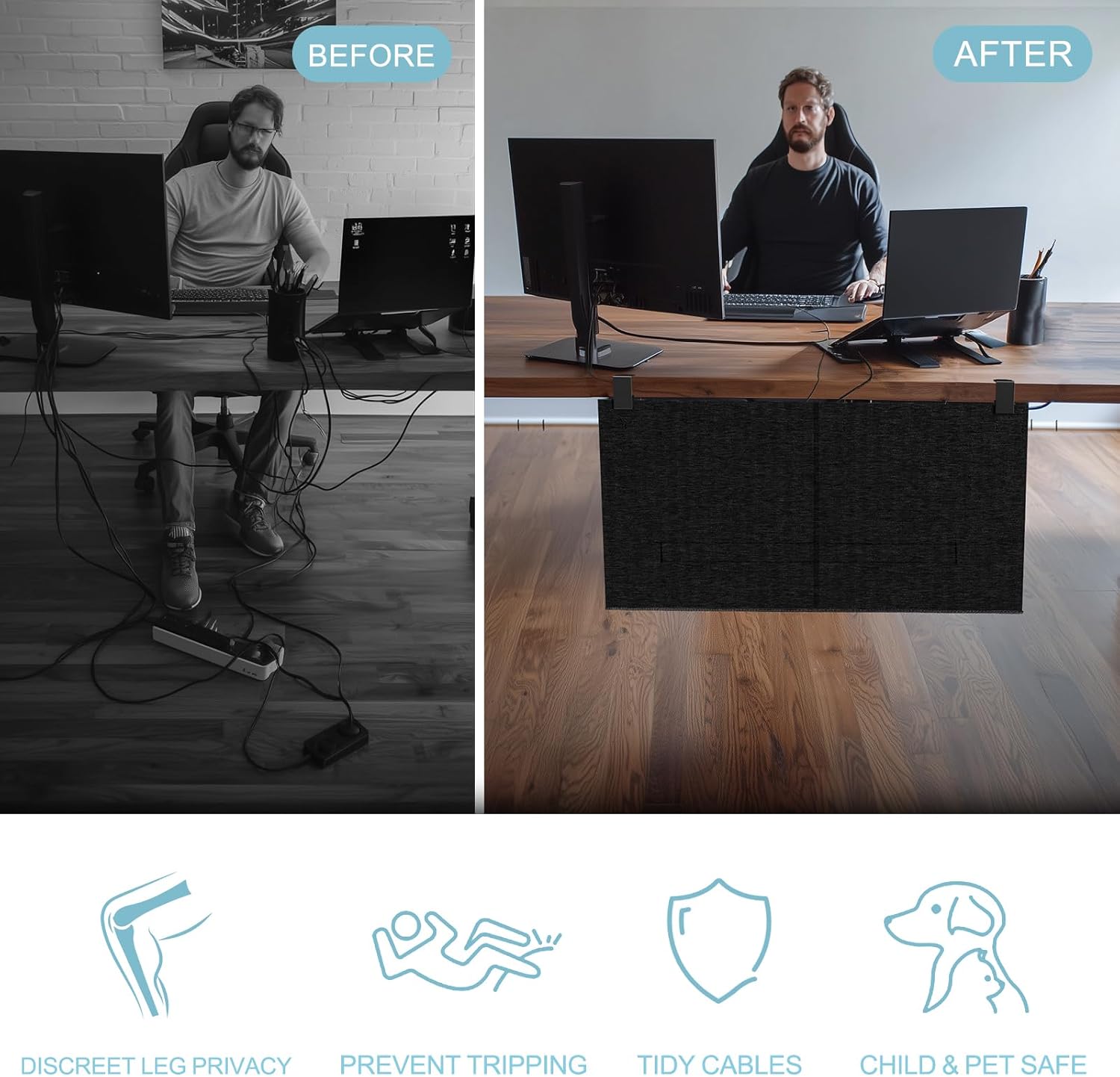 No Drill Under Desk Cable Management and Privacy Panel 2 in 1 | Modesty Panel with Cord Organizer |Felt Standing Desk Back Skirt for Office,Home(23.6")