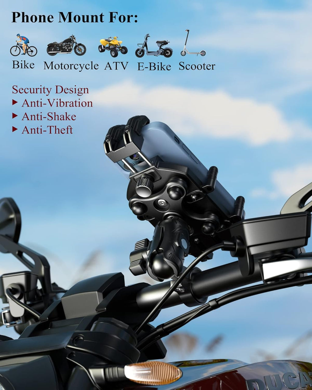 BRCOVAN Motorcycle Phone Mount Holder with Vibration Dampener & High-Speed Secure Lock, Anti-Theft Handlebar Cellphone Cradle for Bike Bicycle Scooter ATV, Adjustable Size, Fit 5.4-7.2'' Smartphone