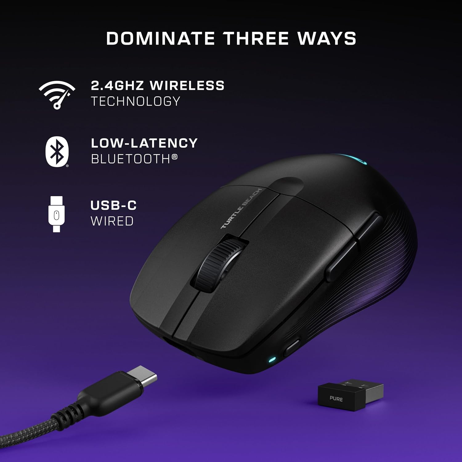 Turtle Beach Pure Air - Ultra-Light Wireless Ergonomic RGB Gaming Mouse, 26K DPI Optical Sensor, 125 Hour Battery, Dual Wireless System, Titan Optical Switches, Bluetooth, RGB Illumination - Black