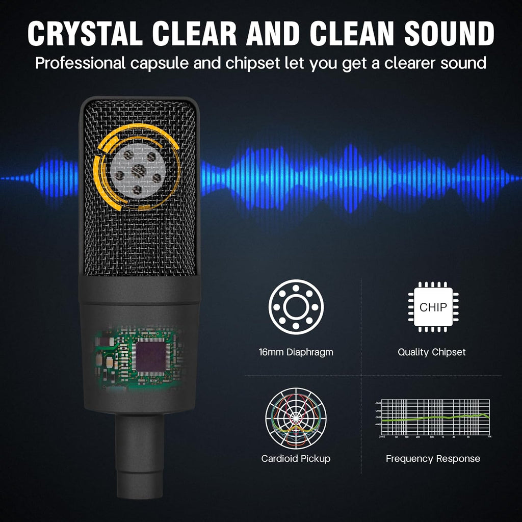 Condenser Microphone XLR Professional Studio Recording Microphone Kit for PC Computer with Boom Arm,Cardioid XLR Podcast Microphone for Streaming,Gaming,Singing,Voice Over,ASMR,YouTube