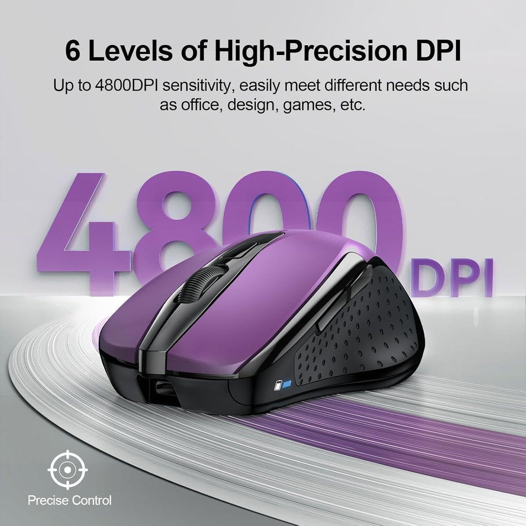 TECKNET Wireless Mouse (BT5.0/3.0 & 2.4G) Rechargeable 4800 DPI Silent USB A & Bluetooth Mouse 6 Buttons, Wide Compatibility - Purple