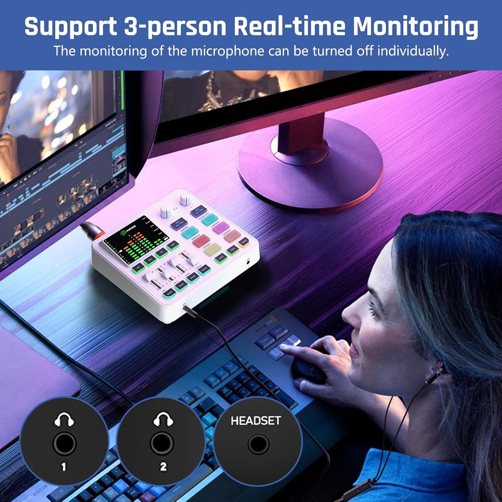 PUPGSIS qwe Gaming Audio Mixer, Audio Interface for PC/Podcast/Streaming, Sound Board with 3.5mm/XLR Mic Input, 48V Phantom Power, Voice Changer, Live Sound Card with DJ Mixer Effects(White)