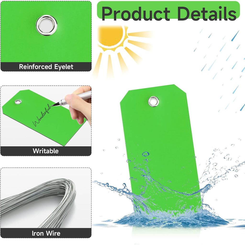 100 Pcs Green Tags with Wires Waterproof Writable Hang Tags with String Attached Heavy Duty Shipping Moving Tags for Luggage Parts Machines(Green, 4 3/4" x 2 3/8")