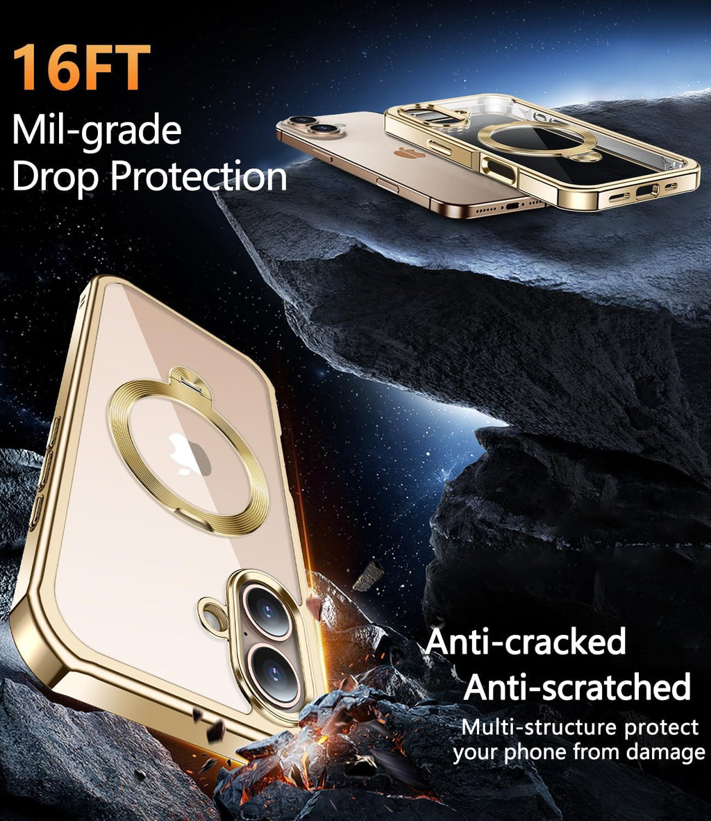 [360° Rotatable CD Stand & Built-in Privacy Screen Magnetic Case for iPhone 16 [Compatible with MagSafe & Full Signal] Mil-Grade Shockproof Full Body Anti-Spy Cover for 16-Gold
