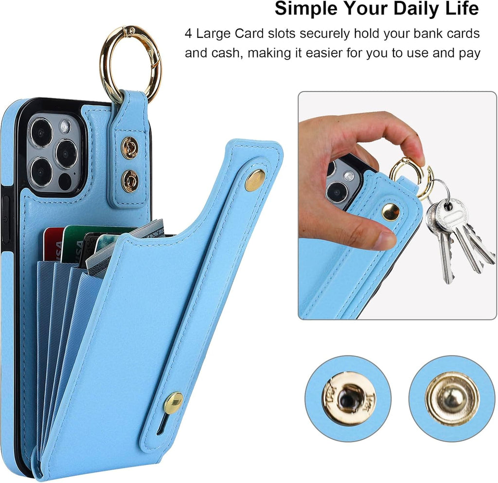 Folosu for iPhone 12/12 Pro Wallet Case with Card Holder, Hand Wrist Strap Loop Holder Kickstand, RFID Blocking Finger Grip Ring PU Leather Double Buttons Shockproof Cover 6.1" Blue