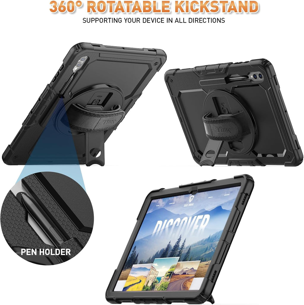 Timecity Case for Samsung Galaxy Tab S10 Ultra/ S9 Ultra/ S8 Ultra Tablet Case 14.6''- Heavy Duty Protective Cover with Screen Protector, Stand, Shoulder Strap & S Pen Holder | Kids-Friendly, Black