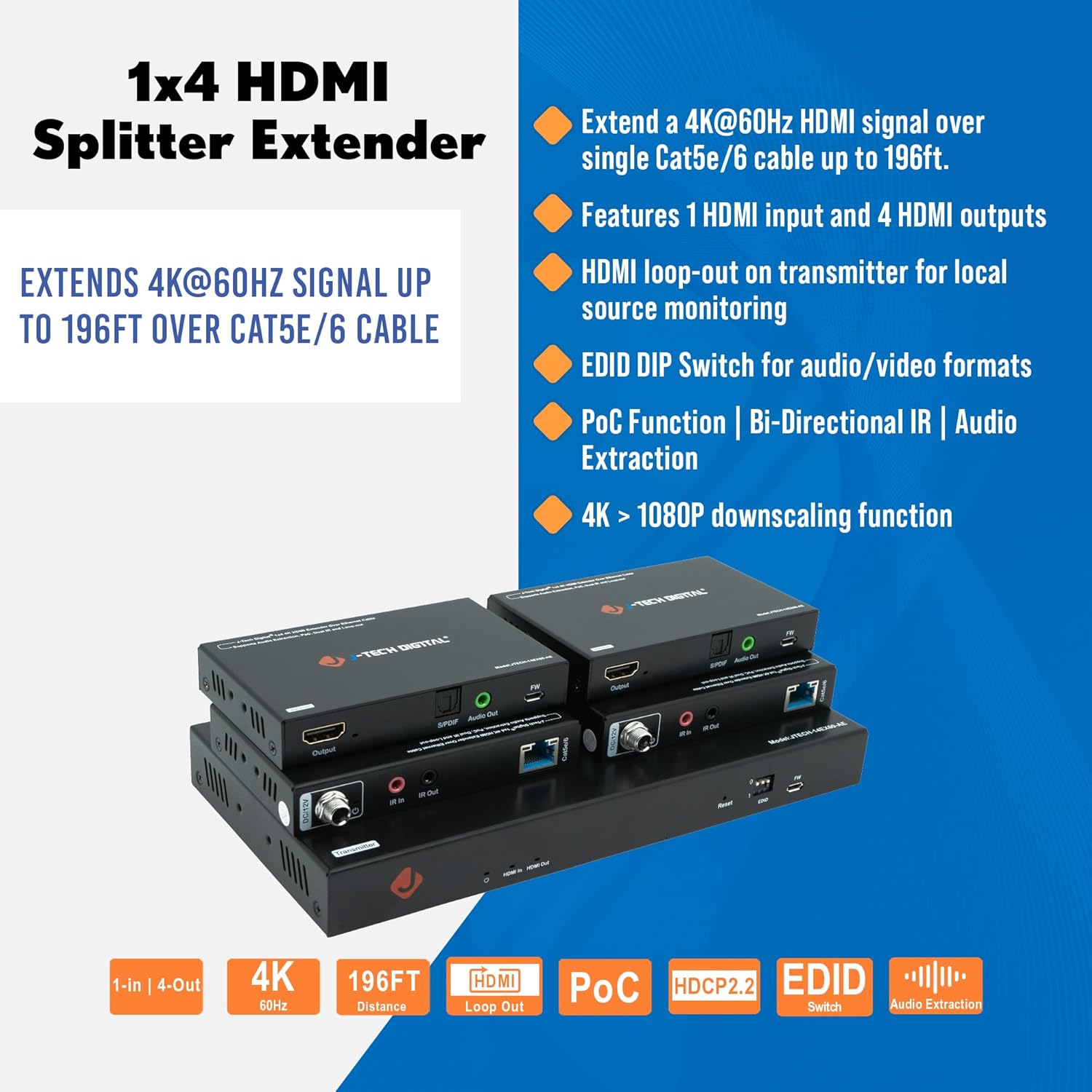 J-Tech Digital HDMI Extender Splitter 4K 60Hz 1 in 4 Out Over Single Cat5e/6 Ethernet Cable Up to 196ft. Supports 4K Downscale Audio Extraction PoC EDID Switch by [JTECH-14EX60-AE]