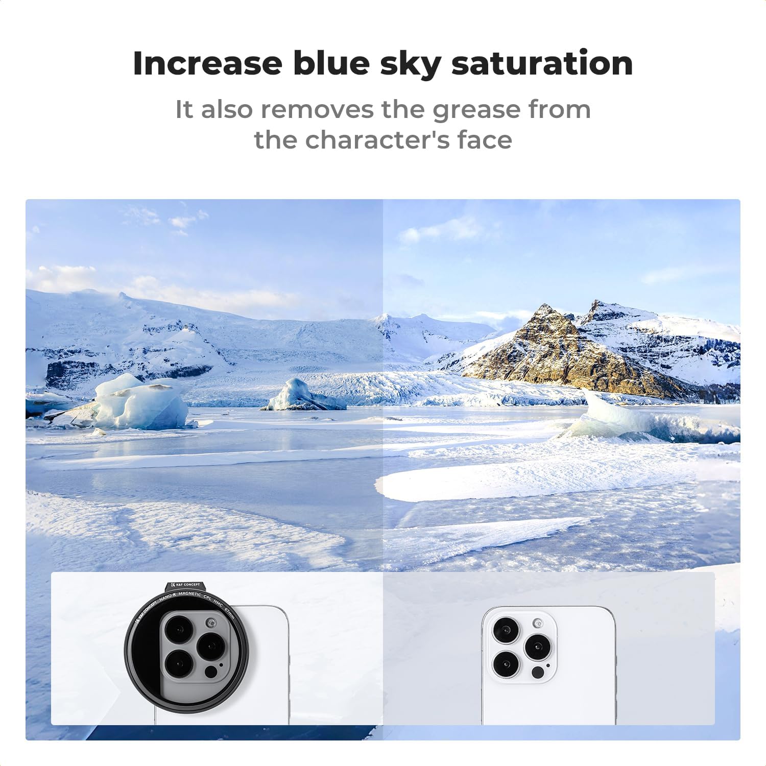 K&F Concept Clip On 67mm CPL Magnetic Phone Lens Filter Kit, Phone Clip with Magnetic Adapter Ring/Cold Shoe/Locking Knob, Polarizer Filter for iPhone 16 15 Pro Max 14 13