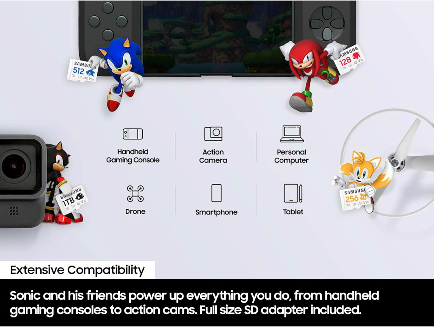 Samsung PRO Plus Sonic The Hedgehog + Adapter, 256GB microSDXC, Up-to 180MB/s, Full HD & 4K UHD, UHS-I, C10, U3, V30, A2, for Nintendo-Switch, Steam Deck, GoPRO, DJI Drone, Tablets (MB-MD256SA/LC1)