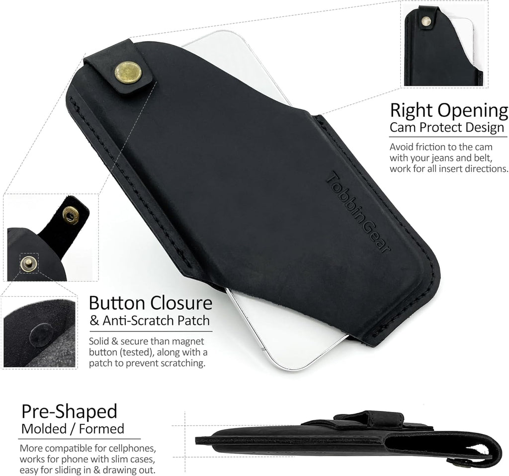 TobbinGear Left-Handed Leather Cell Phone Holster with Belt Clip, Universal Phone Holster for Men Belt Holder, Leather Case for iPhone, Samsung Galaxy Phones, Black, Medium