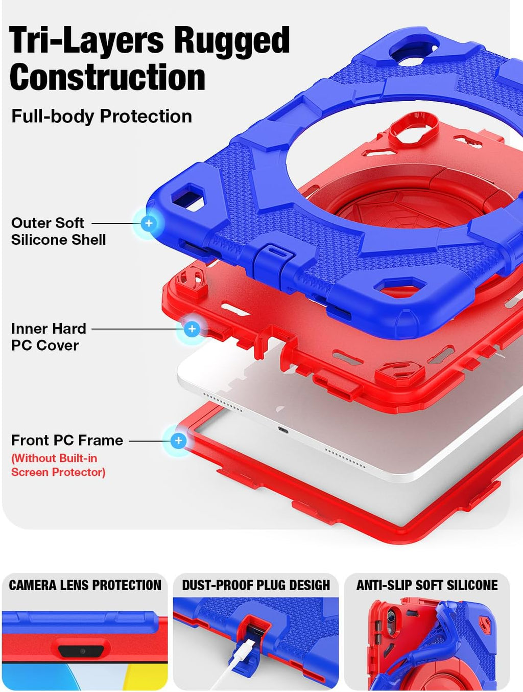 SCSVPN for iPad (A16) 11th/10th Generation Case 11 inch 2025/10.9 inch 2022, Rugged Shockproof Protective Silicone Case for Kids with Pencil Holder, Rotate Stand & Handle, Shoulder Strap - Blue/Red