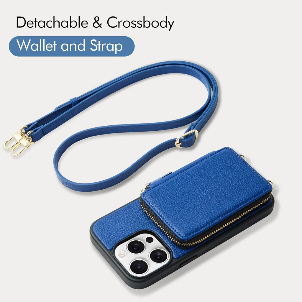 ZVE for iPhone 15 Pro Max Wallet Case, Crossbody, Card Holder Phone Purse for Women, RFID Blocking Zipper Leather Cover with Wrist Strap for iPhone 15 Pro Max (6.7 inch)- Navy Blue