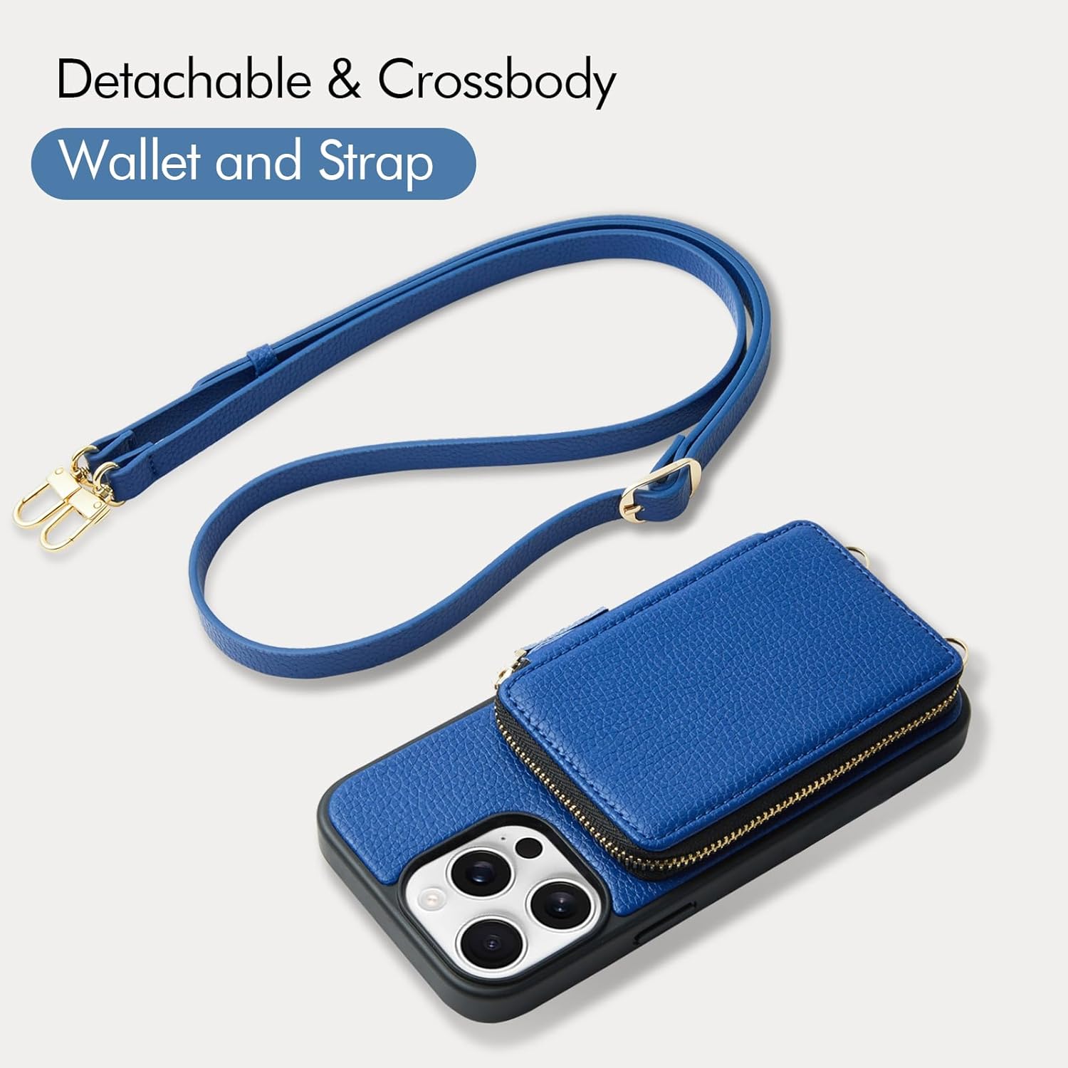 ZVE for iPhone 15 Pro Max Wallet Case, Crossbody, Card Holder Phone Purse for Women, RFID Blocking Zipper Leather Cover with Wrist Strap for iPhone 15 Pro Max (6.7 inch)- Navy Blue