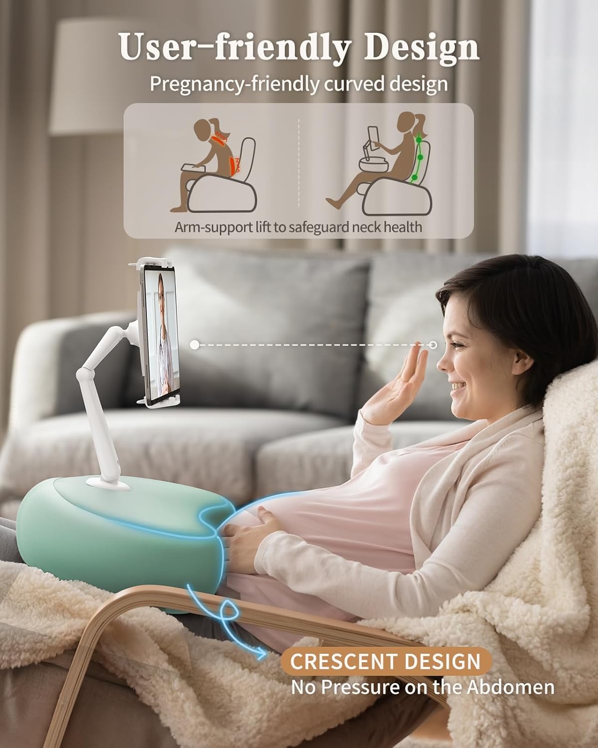 SAIJI Kindle Pillow Stand, iPad Stand Compatible with 4.7”-15.6” Kindle, Phone, iPad, 360° Adjustable Tablet Holder for Bed with Flexible Dual Axis Arm and Microbead Cushion (Cyan)