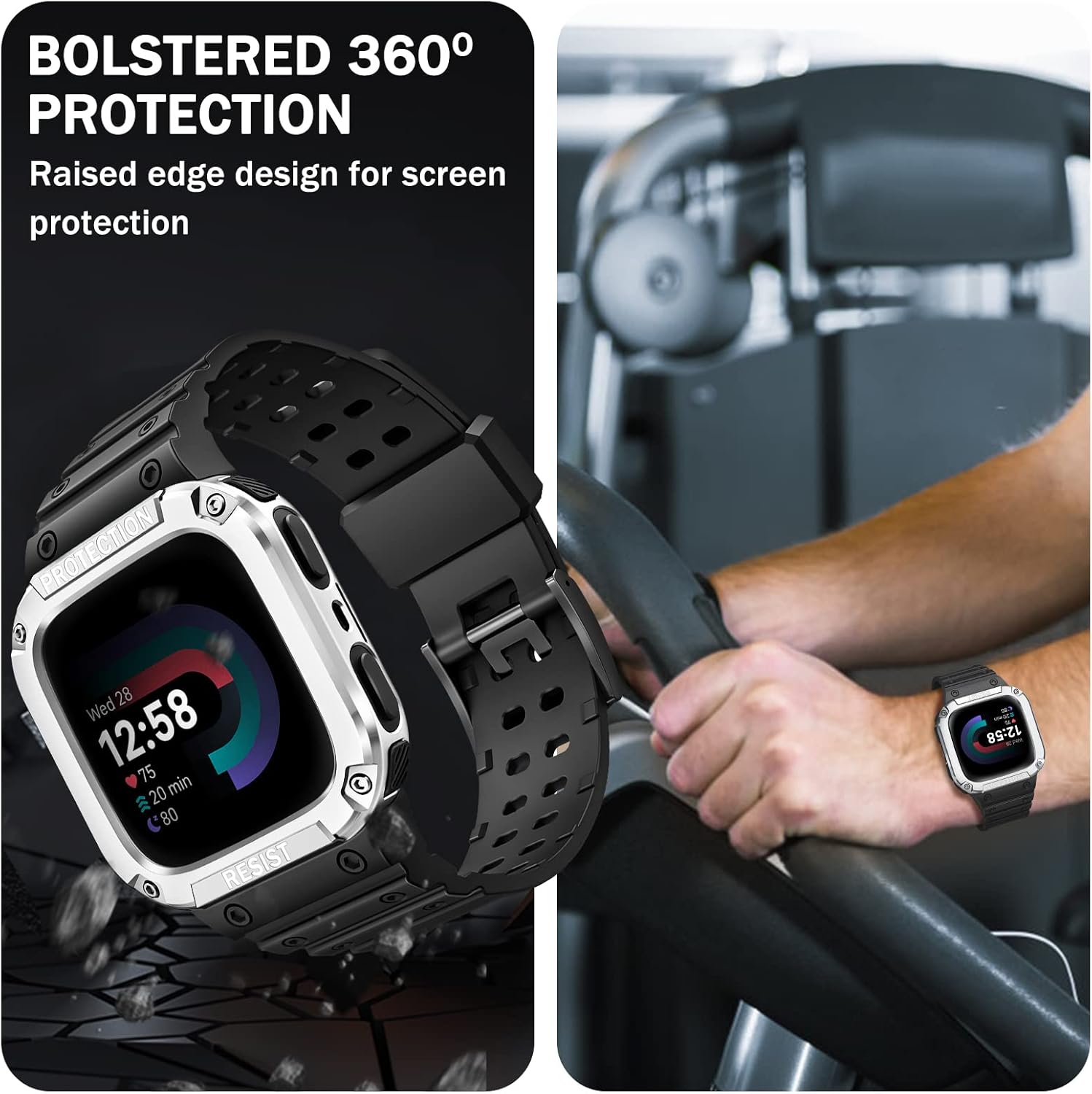 FINTIE Bands with Case Compatible with Fitbit Versa 4/3/2/1/Versa Lite/Fitbit Sense 2/Sense, Protective Case Strap Rugged Sport Band Men, Black/Silver