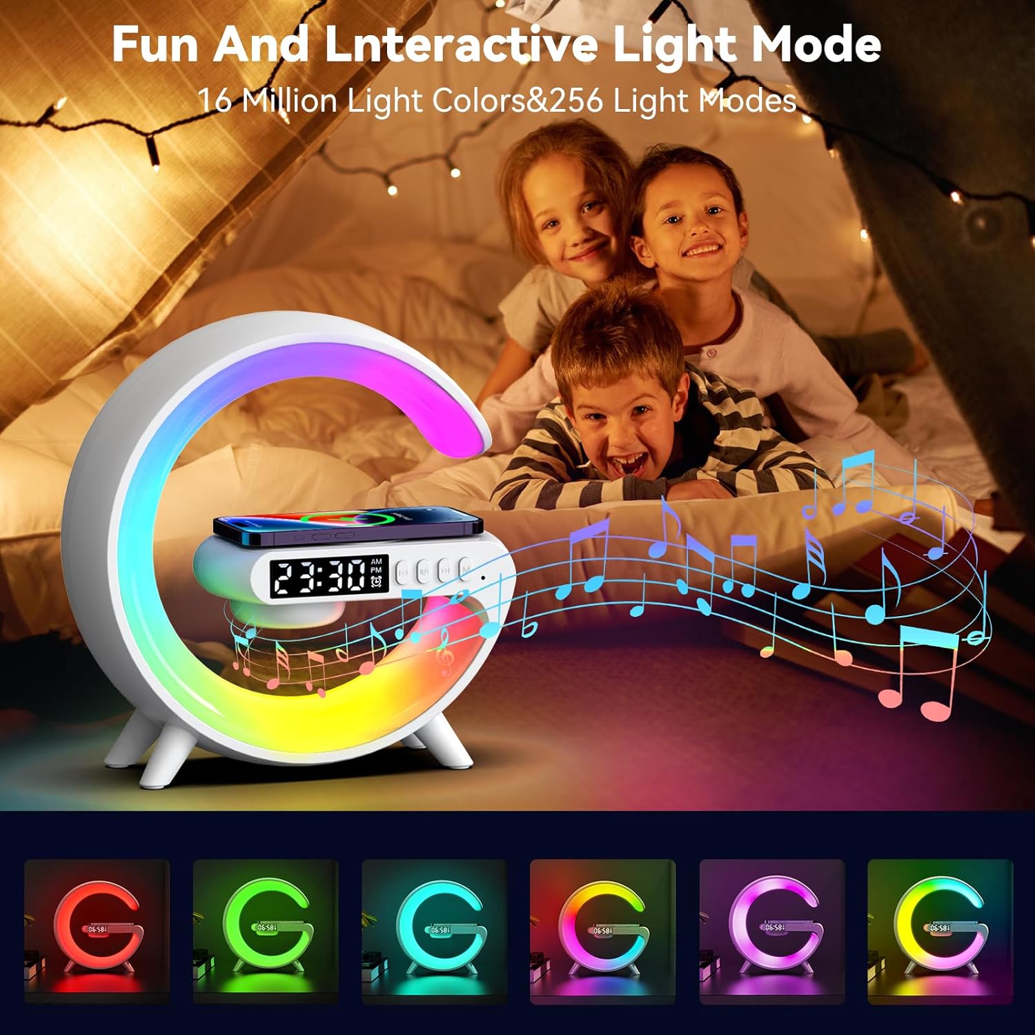Mini LED Table Lamp with 4-in-1 Wireless Charger, Night Light, Sunrise Alarm Clock, Bluetooth Speaker, Smart Atmosphere Table Lamp for Bedroom, Office, Home Decor (Black)