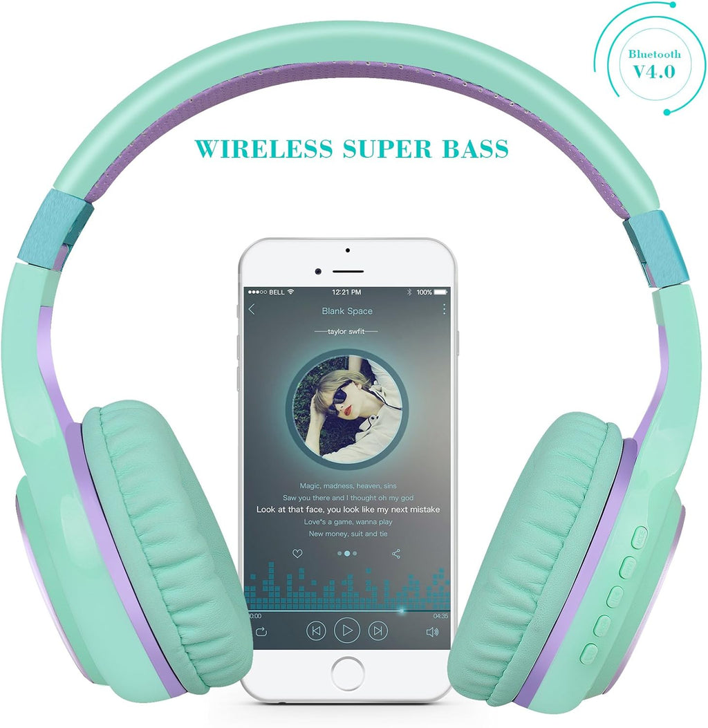 Riwbox Bluetooth Headphones, XBT-80 Folding Stereo Wireless Bluetooth Headphones Over Ear with Microphone and Volume Control, Wireless and Wired Headset for PC/Cell Phones/TV/Gym (Purple Green)