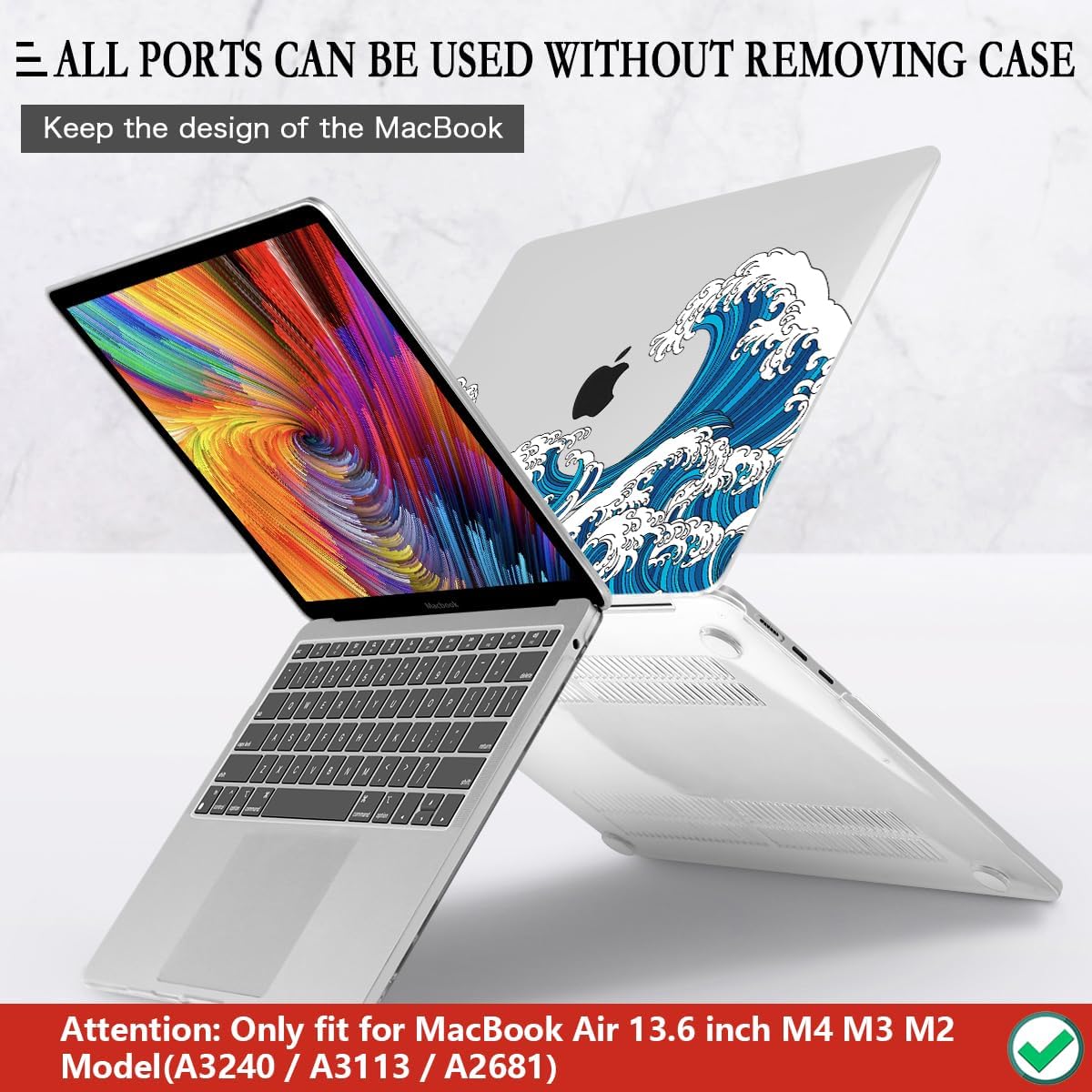 CISSOOK Wave Case for MacBook Air 13.6 inch 2025 2024 2023 2022 Release, Ocean Hard Shell Cover for MacBook Air 13.6 Touch ID Model A2681 A3113 A3240 M2 M3 M4 Chip with Keyboard Cover - Great Wave