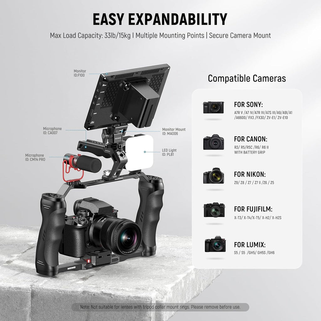 NEEWER Video Camera Cage Rig with Arca Type Quick Release Plate, Double Handles, 3/8" ARRI 1/4" Threads, Cold Shoes, Universal Camera Stabilizer, Compatible with SmallRig NEEWER Base Plate, CA077