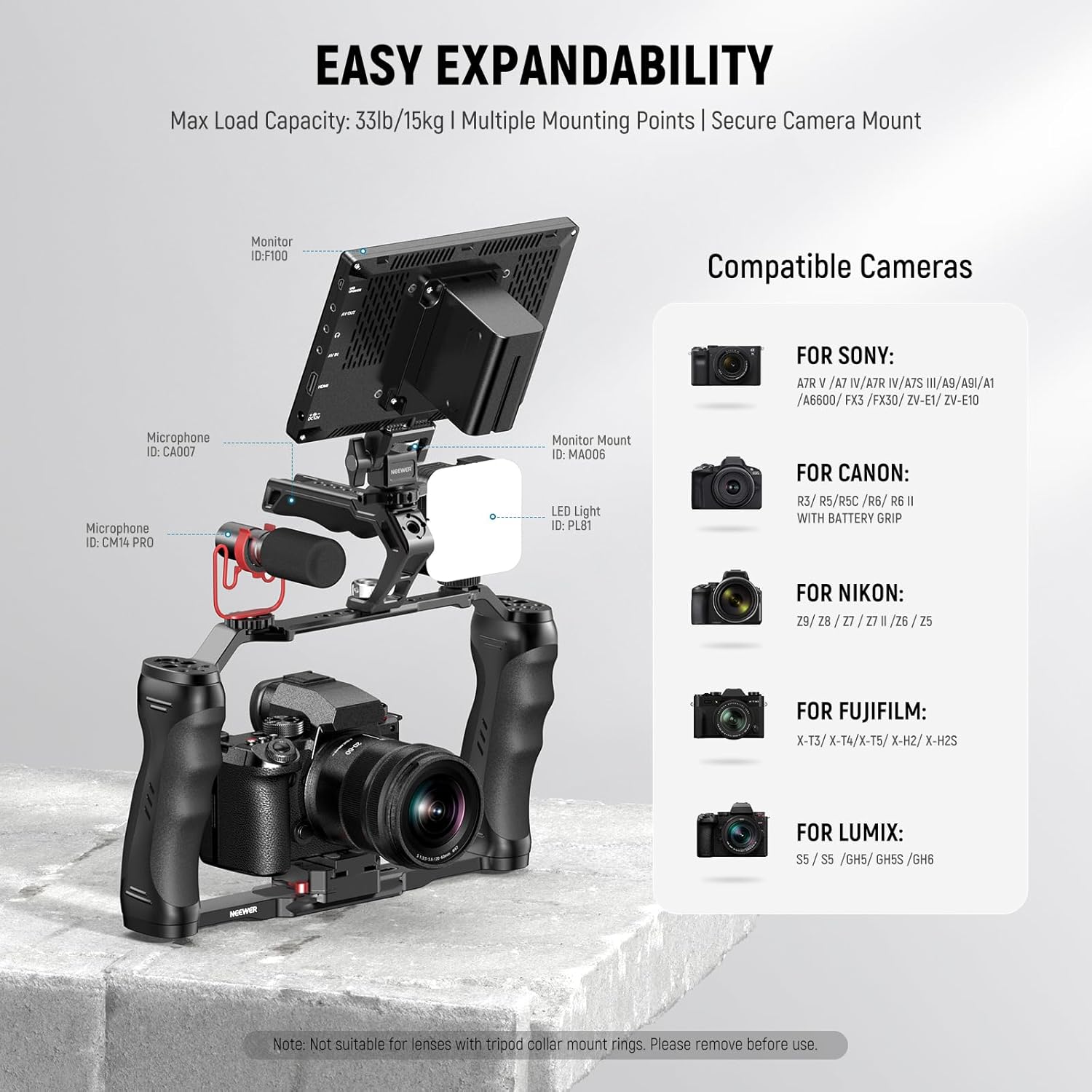 NEEWER Video Camera Cage Rig with Arca Type Quick Release Plate, Double Handles, 3/8" ARRI 1/4" Threads, Cold Shoes, Universal Camera Stabilizer, Compatible with SmallRig NEEWER Base Plate, CA077