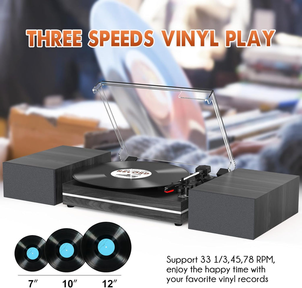 Vinyl Record Player with Dual Separate Stereo Speakers Vintage Turntable with BT Wireless Input Playback Belt Drive 3 Speed 3 Size Playback Record Player Support AUX Headphone Input RCA Out Auto Stop